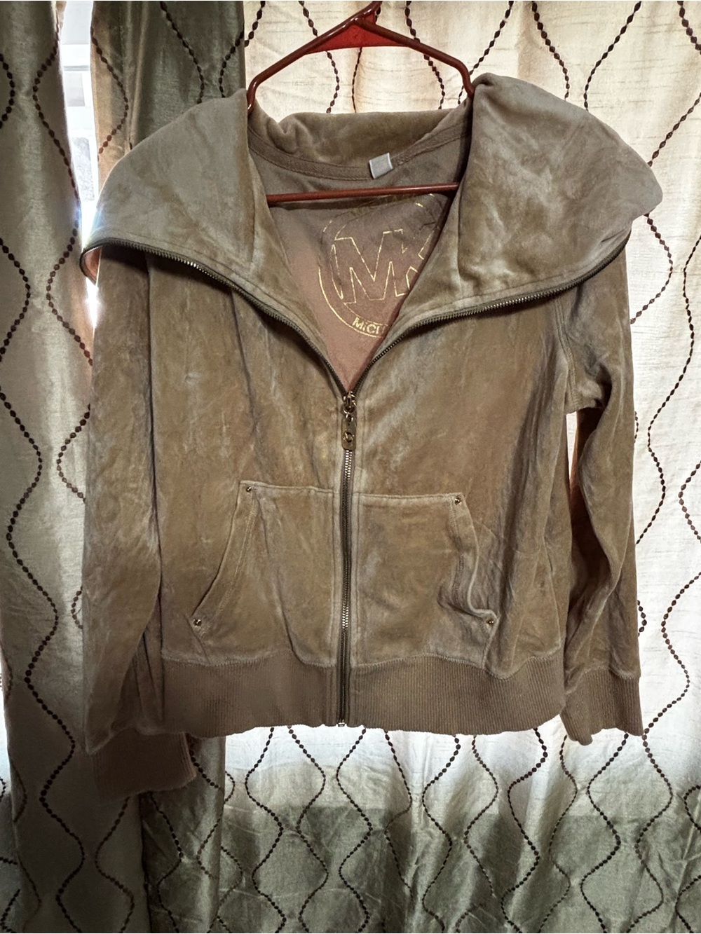 Michael Kors Taupe Velour Zip Hoodie Jacket